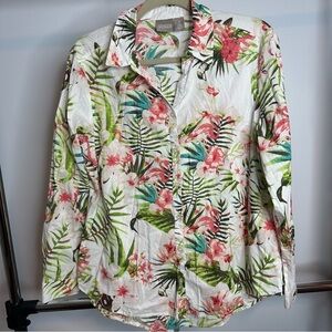 Chicos Sz 1 MEDIUM 6/8 Tropical Beach Flamingo Blouse Shirt Top Summer Cute
